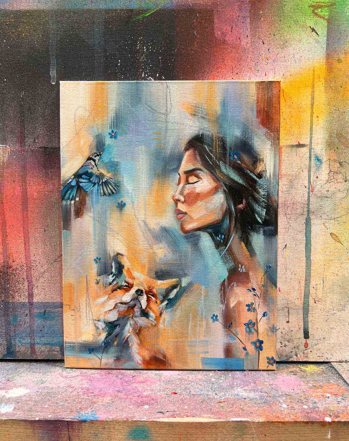 Woman, Fox and Bluejay Portrait