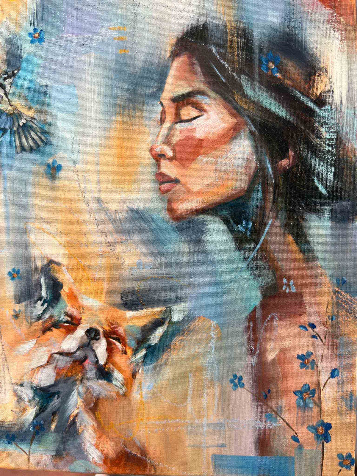 Woman, Fox and Bluejay Portrait